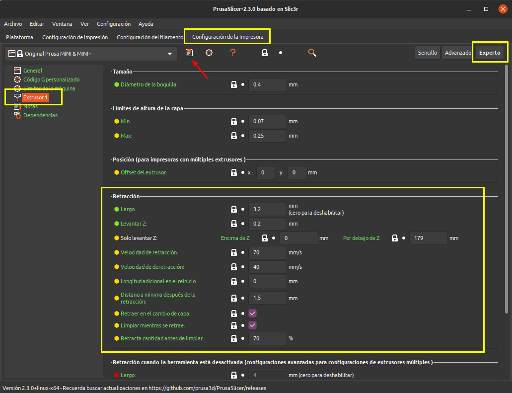 Parámetros de retracción en PrusaSlicer