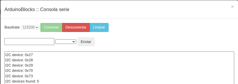 Consola para el programa Escaner-I2C en el bucle con 5 dispositivos