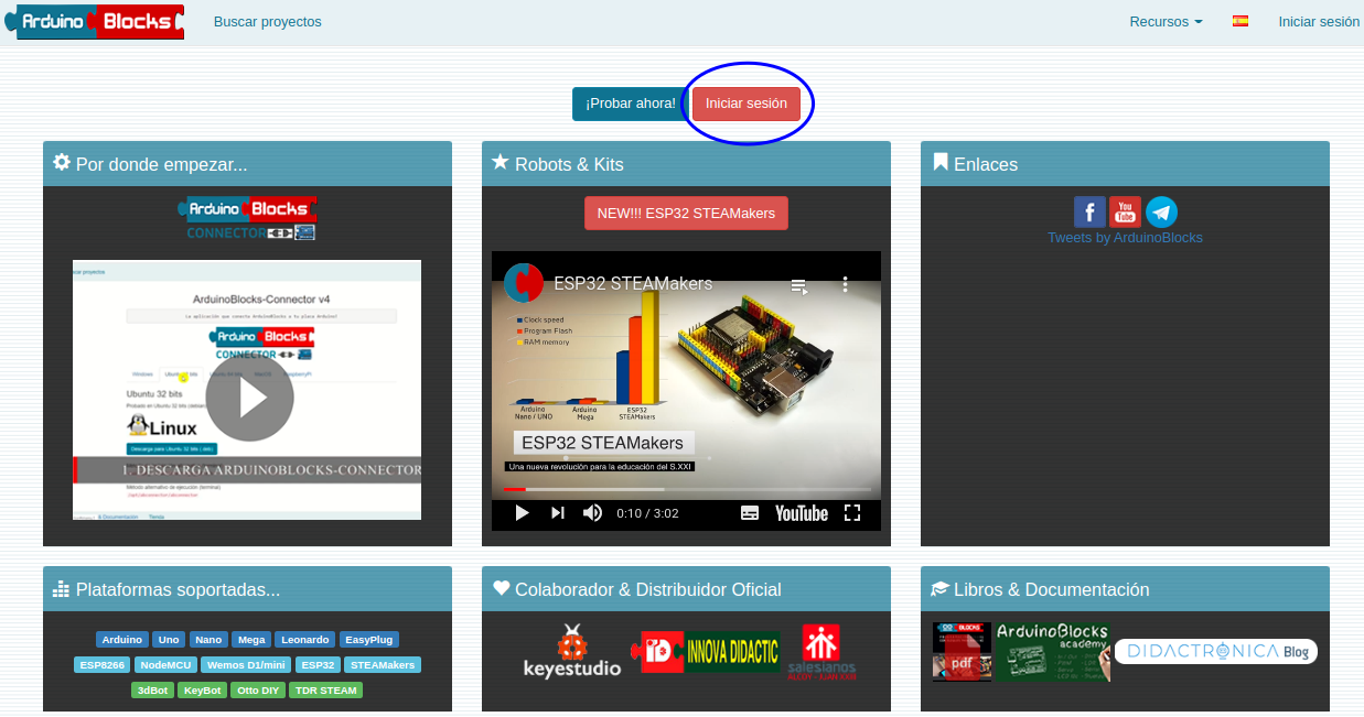 Acceso al inicio de sesión en ArduinoBlocks