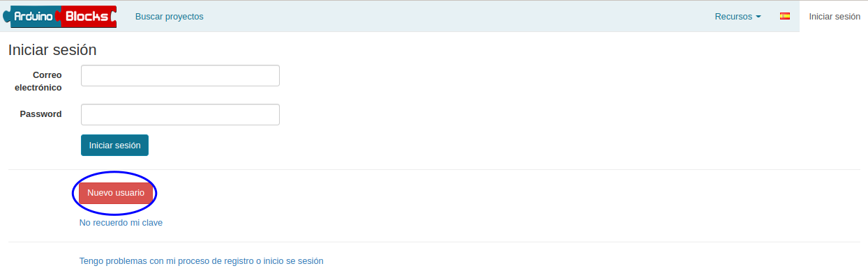 Inicio de sesión en ArduinoBlocks