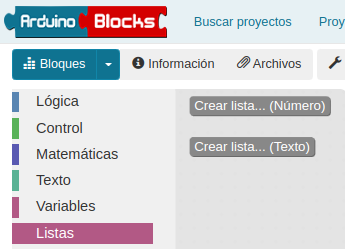 Tipos de listas en ArduinoBlocks