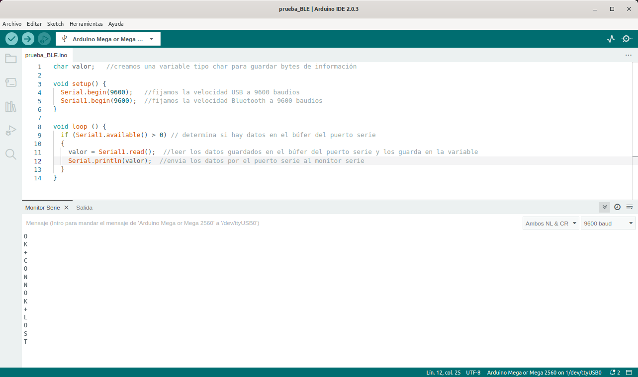 Programa + resultado de prueba del módulo BLE