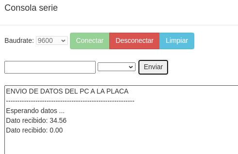 Resultado de envío de datos: consola a placa