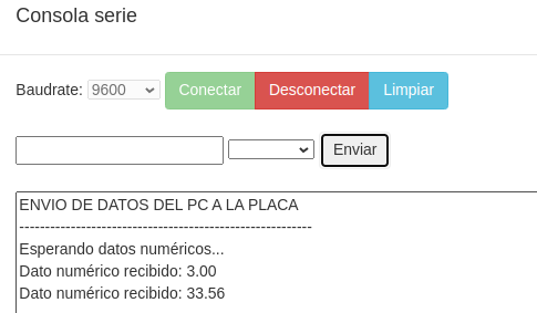 Resultado de envío de datos: consola a placa