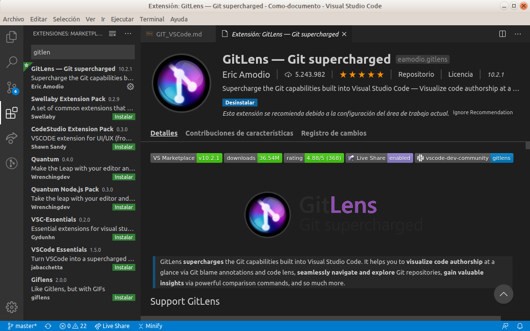 GitLens instalado