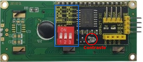 Configuración dirección física en la parte posterior LCD I2C con microinterruptores