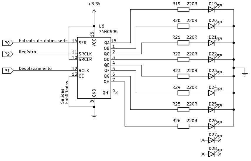 Esquema de montaje para control de barra de LEDs con 74HC595