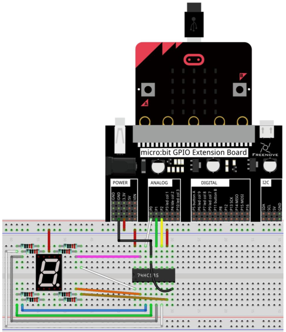 Montaje para control de display de 7 segmentos con 74HC595