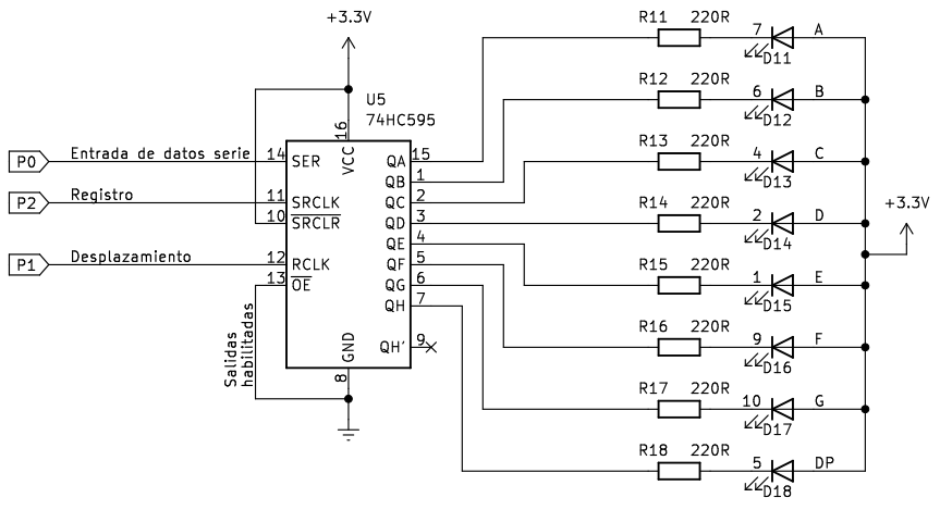 Esquema de montaje para control de display de 7 segmentos con 74HC595