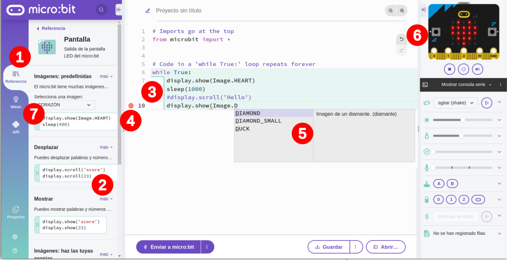 Apartados del editor de MicroPython