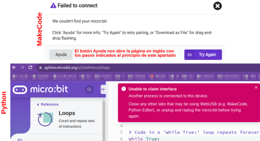 Errores de conexión en MakeCode y Python