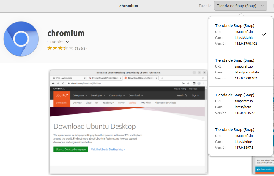 Chromium instalado desde tienda Snap