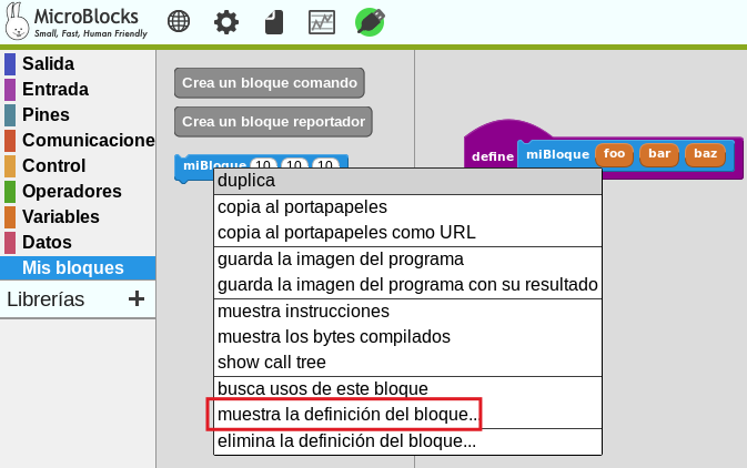 Mostrar la definición de un bloque