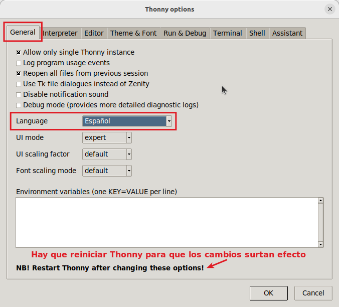 Idioma del IDE de Thonny