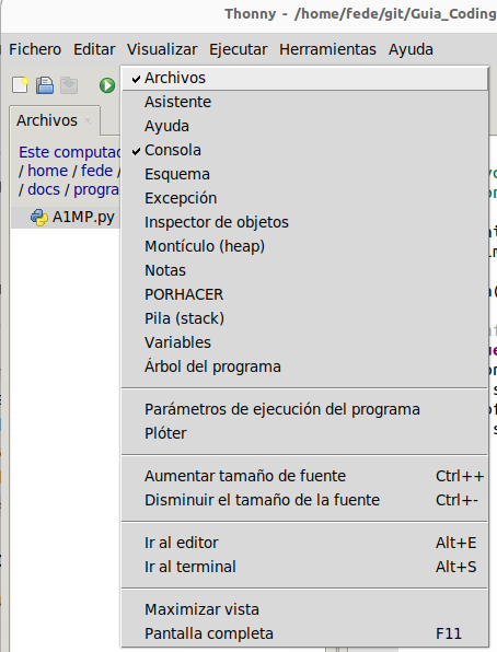 "Visualizar" "Archivos" y "Consola"