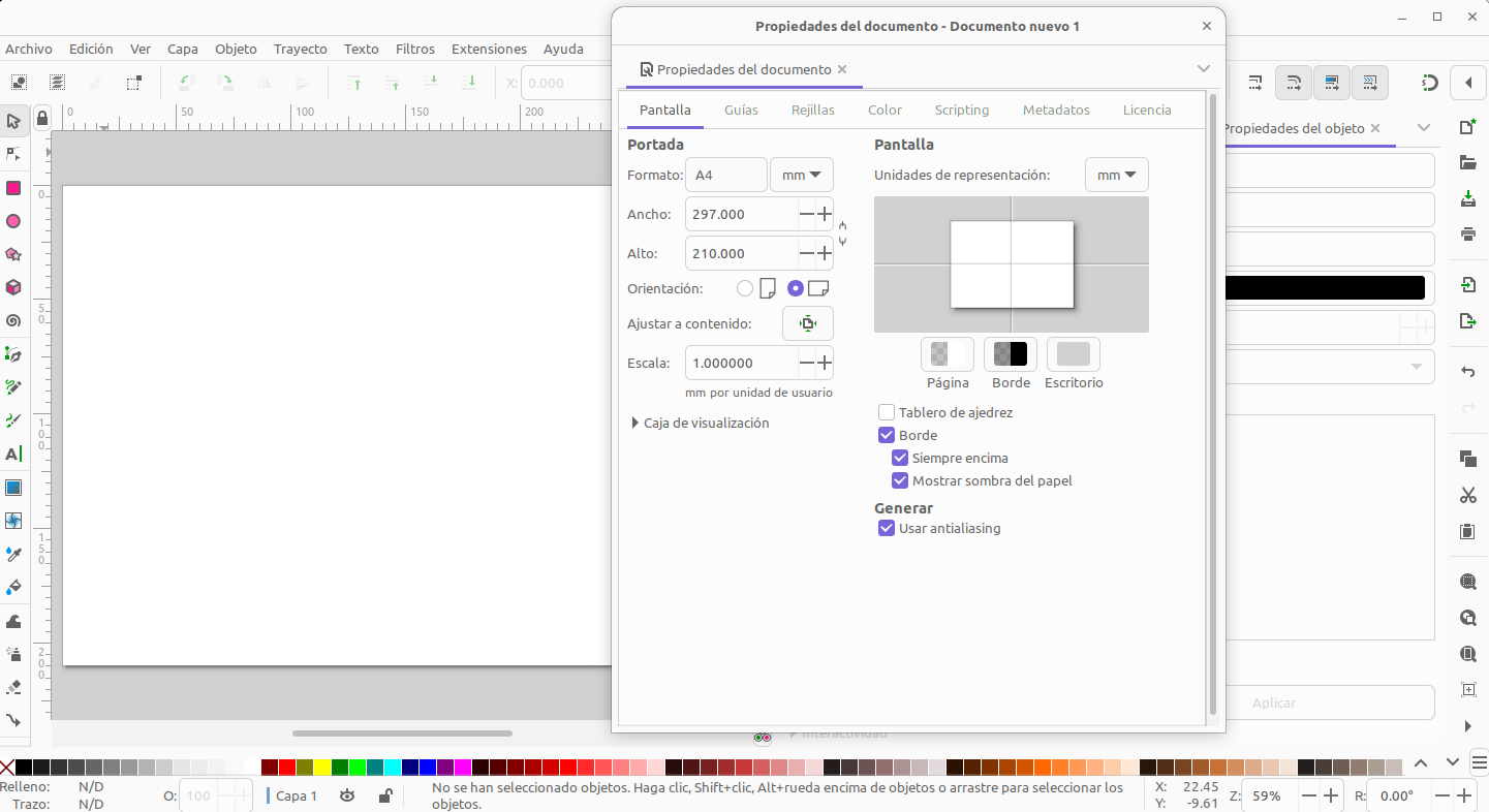 Inkscape: documento con tamaño de página, orientación y unidades