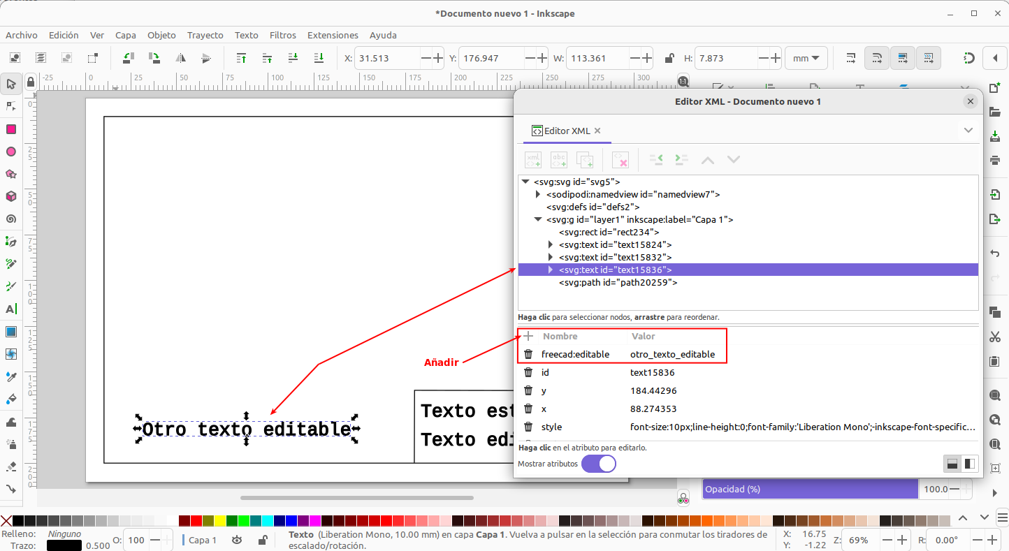 Inkscape: agregando la propiedad "freecad:editable" al texto deseado en el editor XML