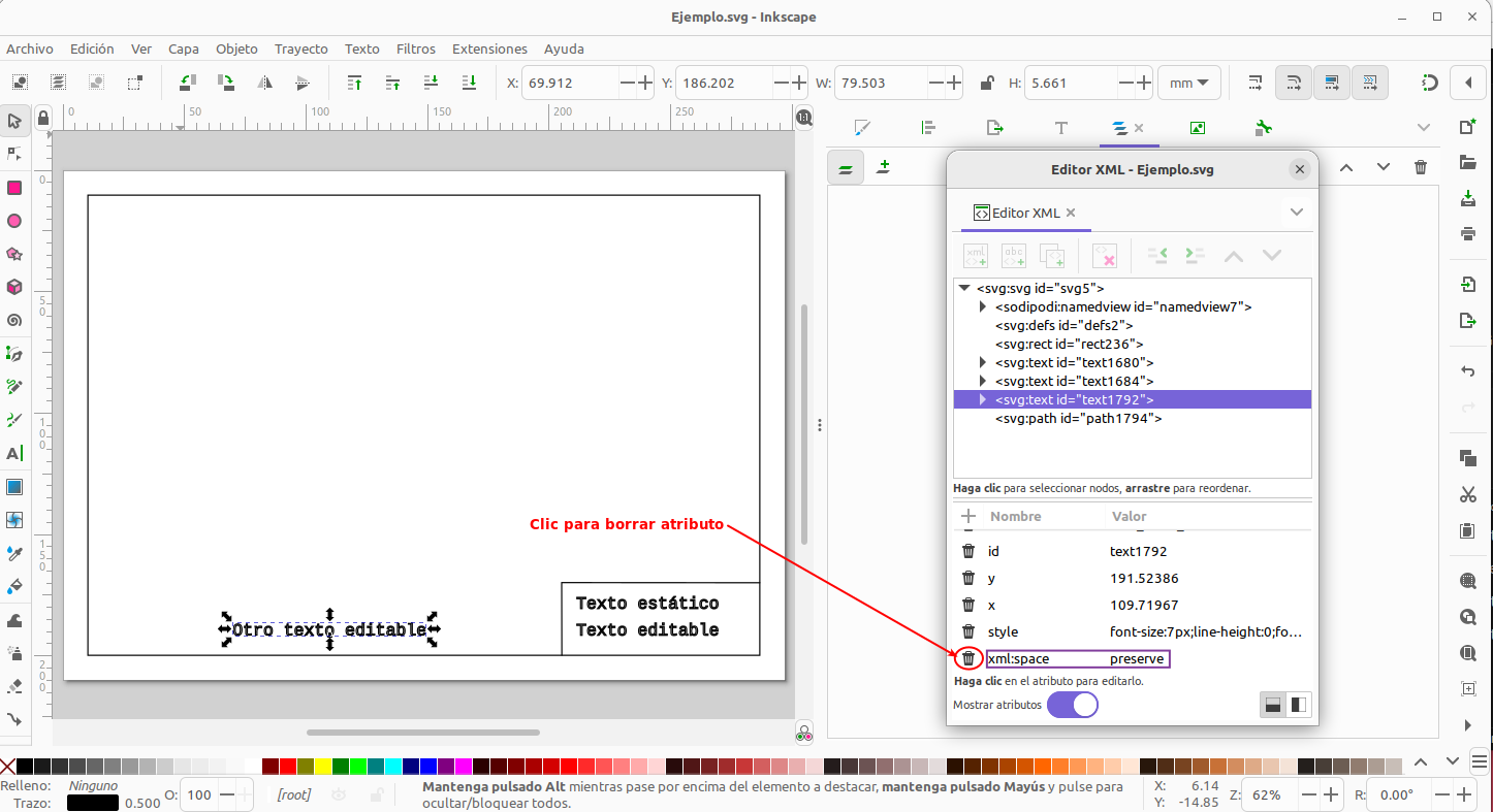 Inkscape: eliminar atributo xml:space="preserve"