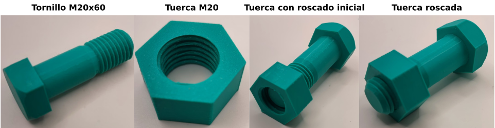 Tornillo M20x60 y tuerca M20 impresos en 3D