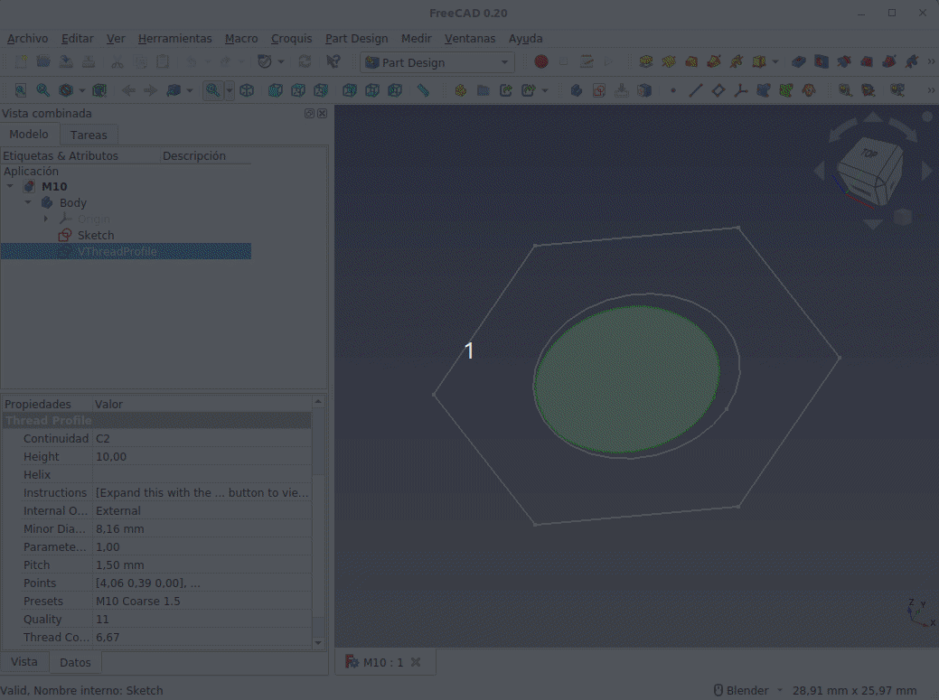 Boceto tuerca M10 y objeto VThreadProfile concentricos