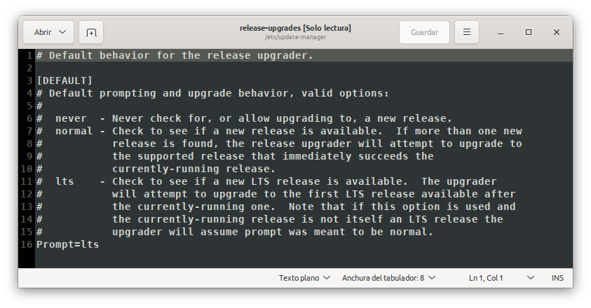 Opciones de configuración del Prompt en release-upgrades