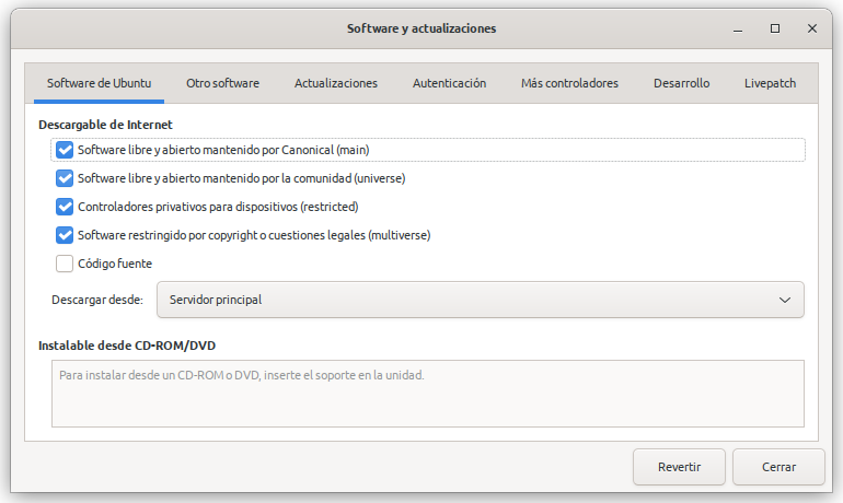 Ventana de Software y actualizaciones: pestaña Software de Ubuntu