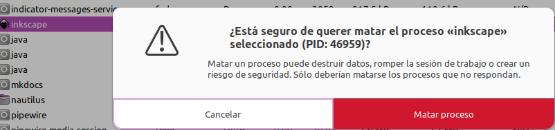 Monitor del sistema. Confirma o cancelar Detener, finalizar o Matar