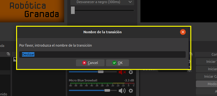 Ventana para poner nombre a la transición