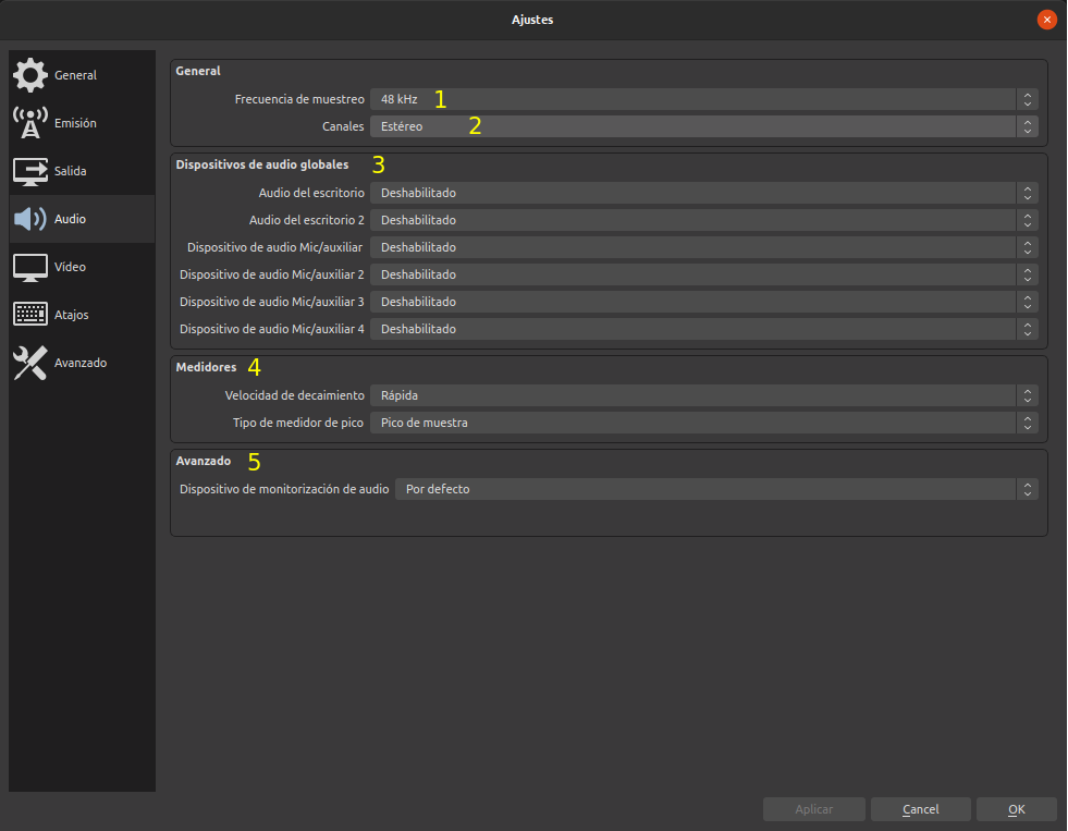 Opciones de configuración de audio: frecuencia de muestreo