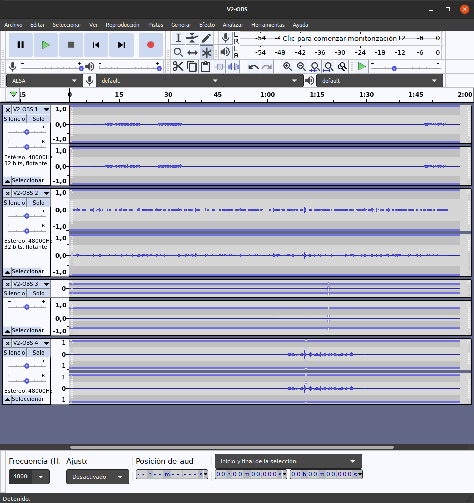 Cuatro pistas de audio en Audacity