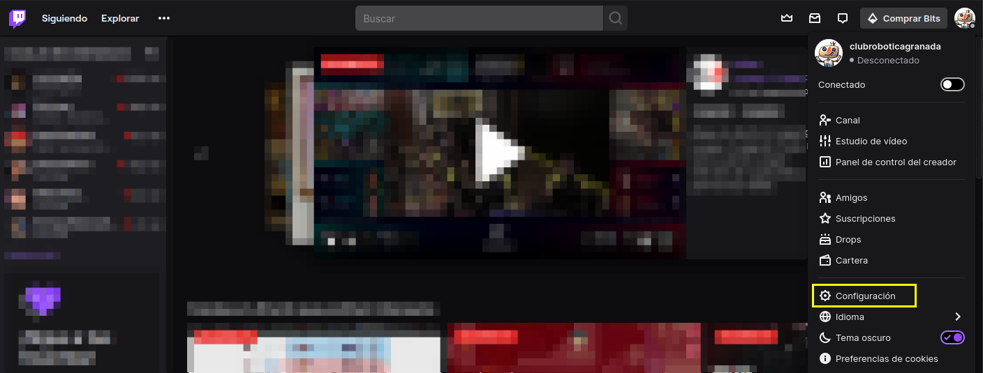 Acceso a la configuración de Twitch