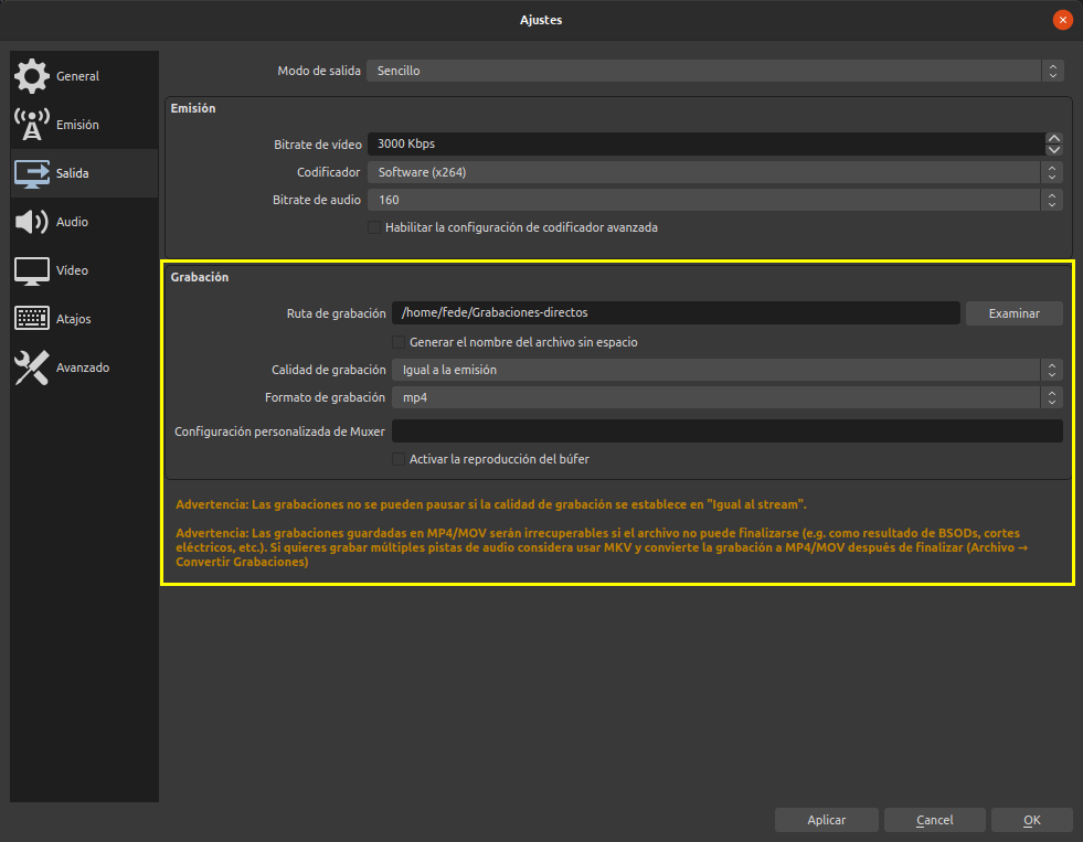 Configuración de grabación