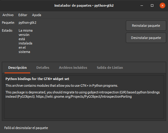 Paquete python-gtk2 instalado