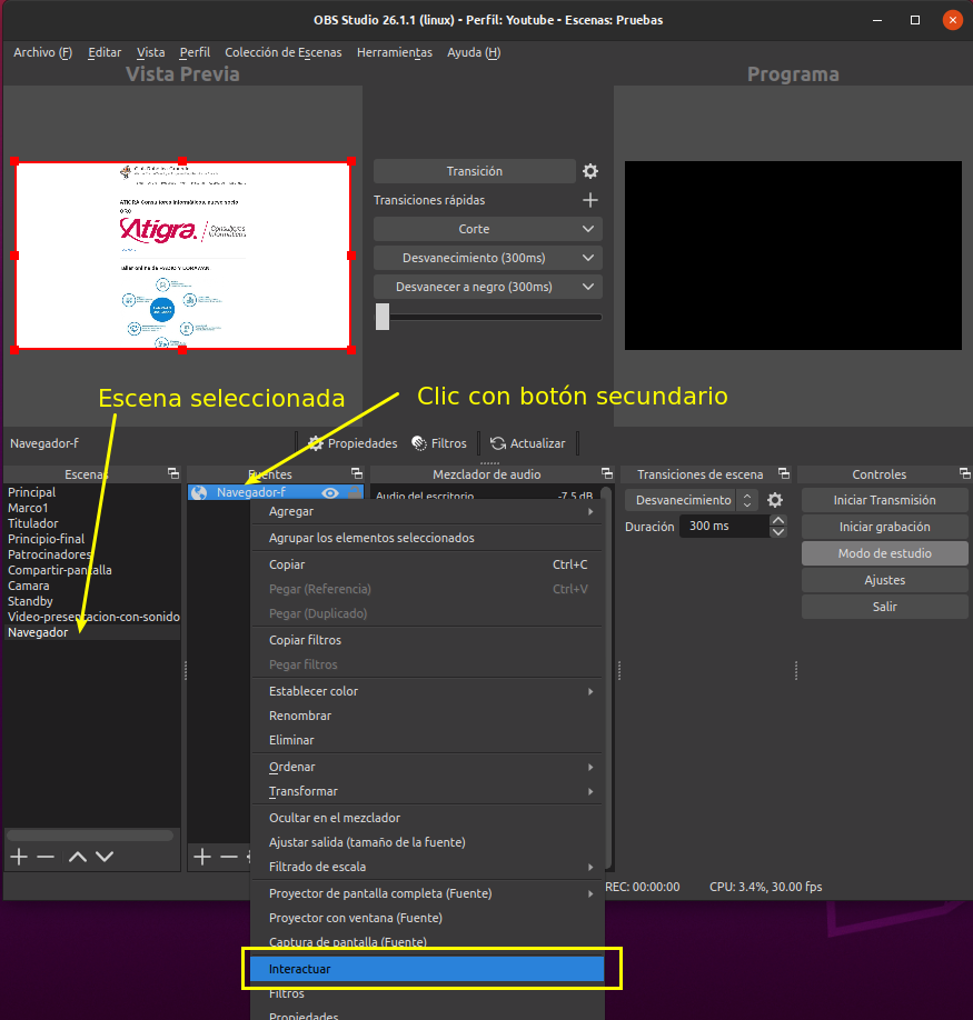 Activar la posibilidad de interactuar con la fuente navegador