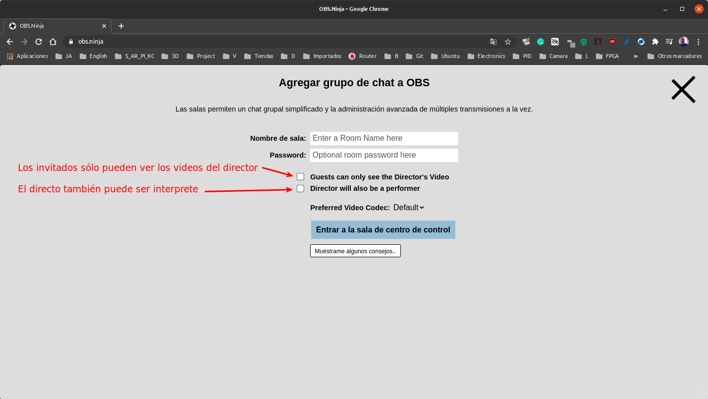 Configuración de Agregar grupo a chat de OBS