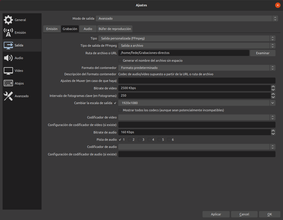 Opciones de configuración de grabación