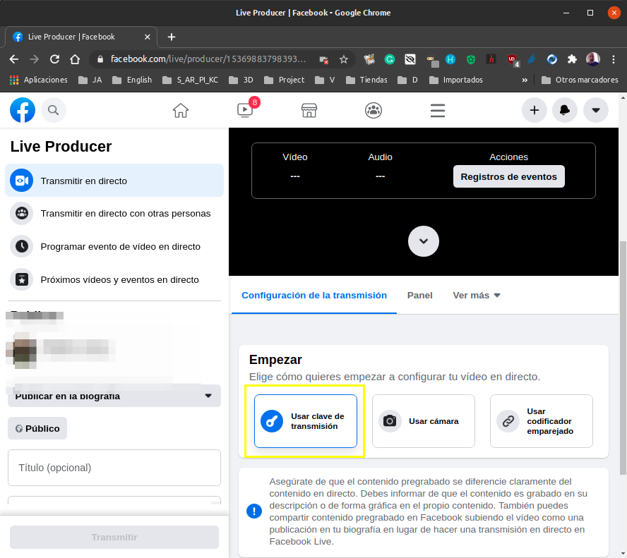 Acceso a clave de retransmisión en Facebook