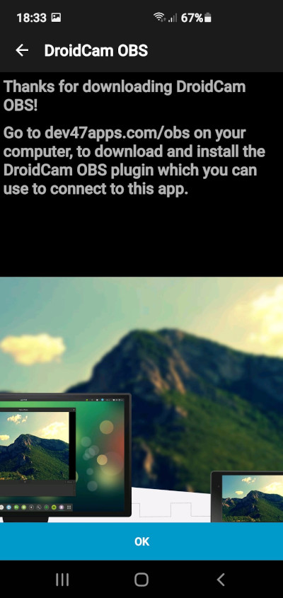 DroidCam OBS: primera pantalla al ejecutar tras la instalación