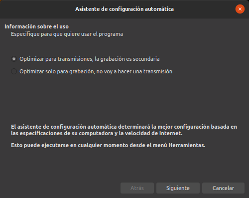 Primera ventana del asistente de configuración automática