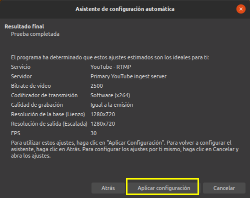 Asistente de configuración automática: Resultado final