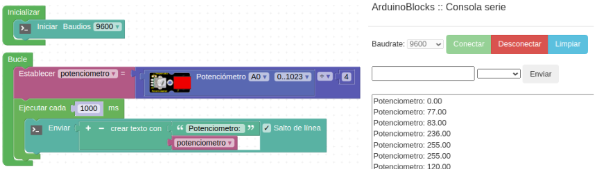 Visualización en consola del cambio en el potenciómetro