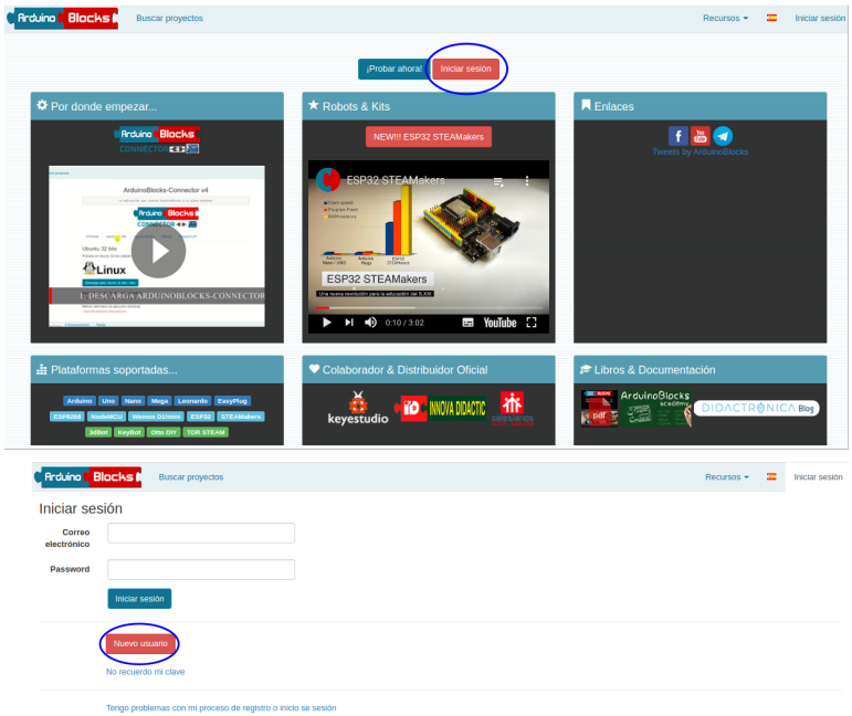 Inicio de sesión en ArduinoBlocks