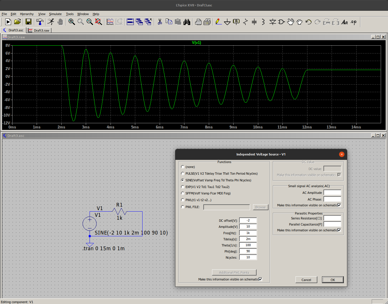 Simulación fuente sinusoidal configurada con parámetros