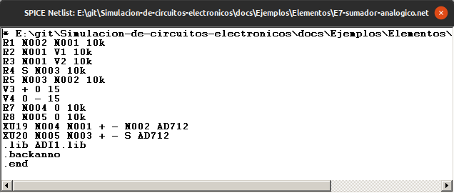 Netlist del sumador analógico