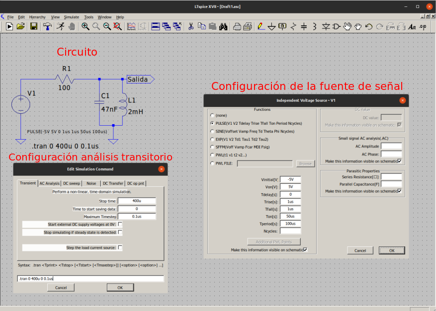 Circuito y configuraciones de V1 y análisis