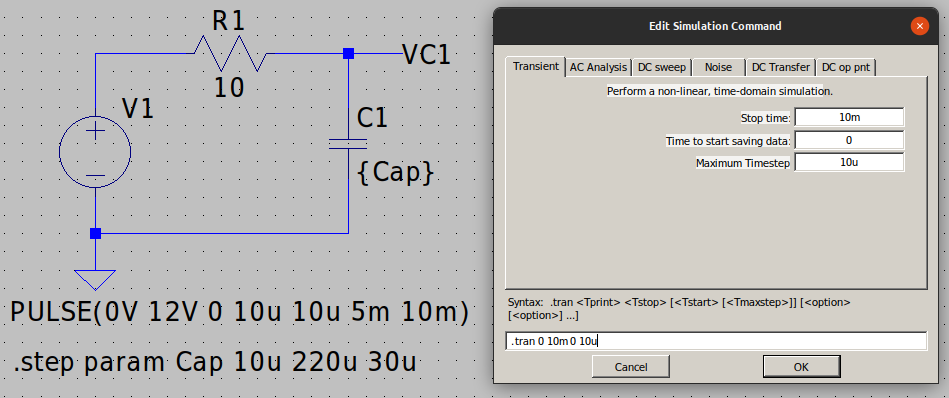 Configuración del tipo de análisis para observar los cambios en la constante de tiempo