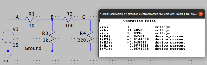 Resultados de la simulación DC op pnt
