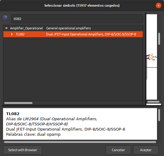 Modelo TL082 en las liberias de KiCAD