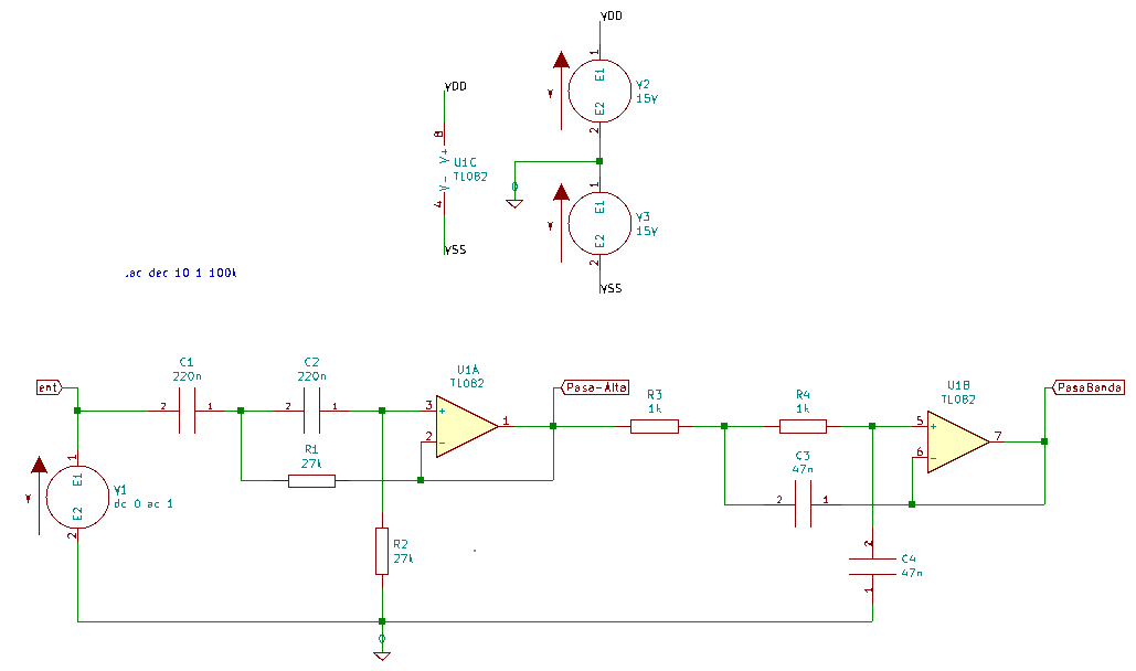 Esquema de filtro pasa banda con TL082