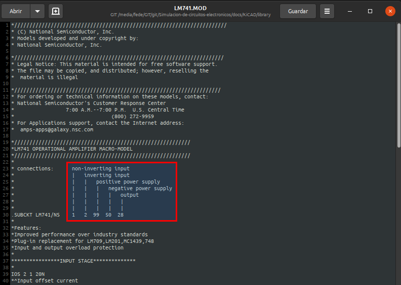 Numeración de pines en el modelo spice del LM741